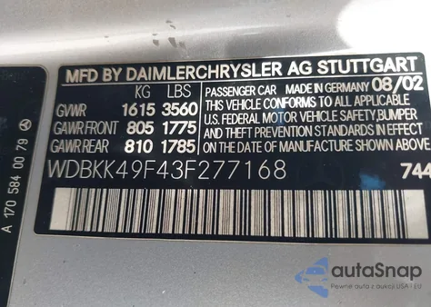 2003 Mercedes-Benz Slk 230 Kompressor из США, поврежденный, VIN WDBKK49F43F277168